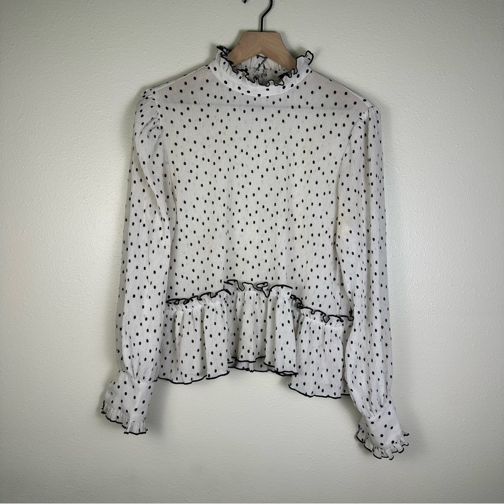 MOODIE Women Small Polka Dot Sheer Ruffle Mock Neck Peplum Blouse - Picture 2 of 7